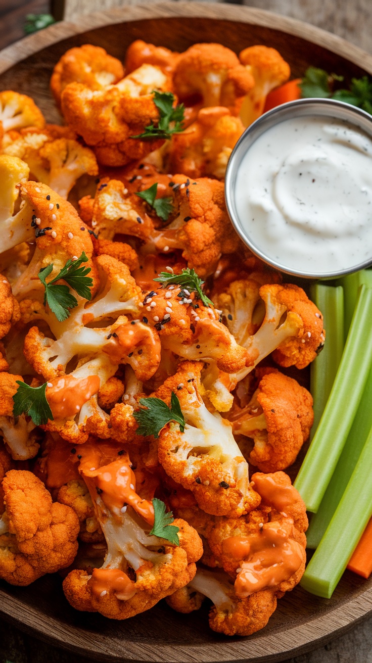 A plate of crispy buffalo cauliflower wings garnished with parsley, served with celery, carrot sticks, and a creamy dip.