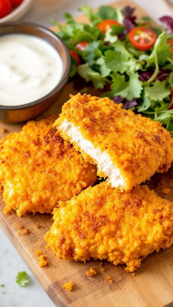 Crispy Cheddar Chicken fillets on a wooden platter with salad and dipping sauce.