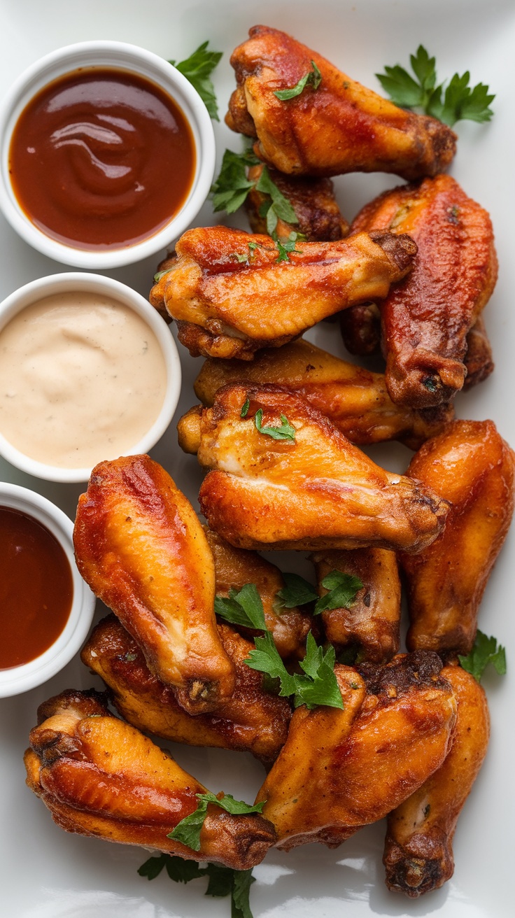 A plate of crispy chicken wings with three different sauces.