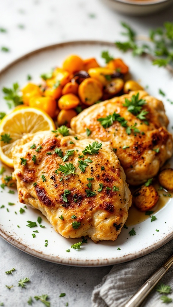 Crispy Lemon Garlic Chicken Thighs served with vegetables and garnished with parsley.