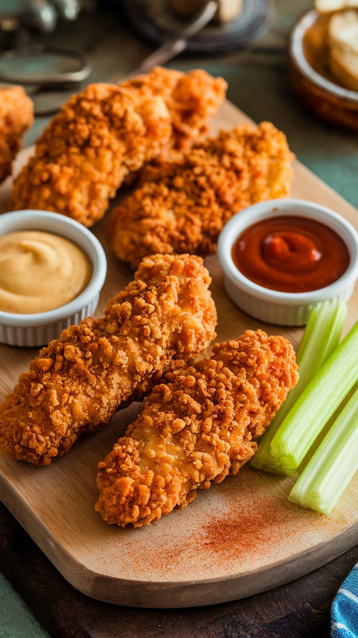 A platter of crispy oven-baked chicken tenders with dipping sauces and celery sticks.