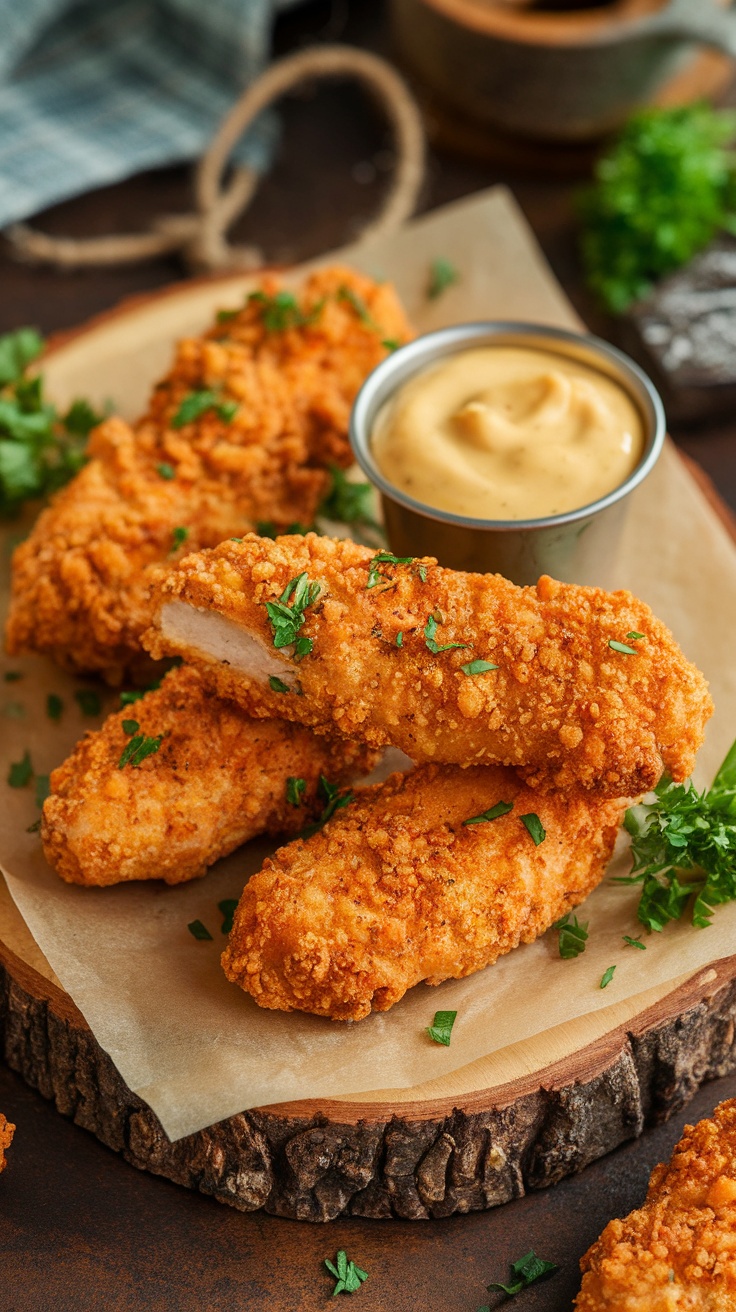 A close-up of crispy oven-baked chicken tenders served with dipping sauce.