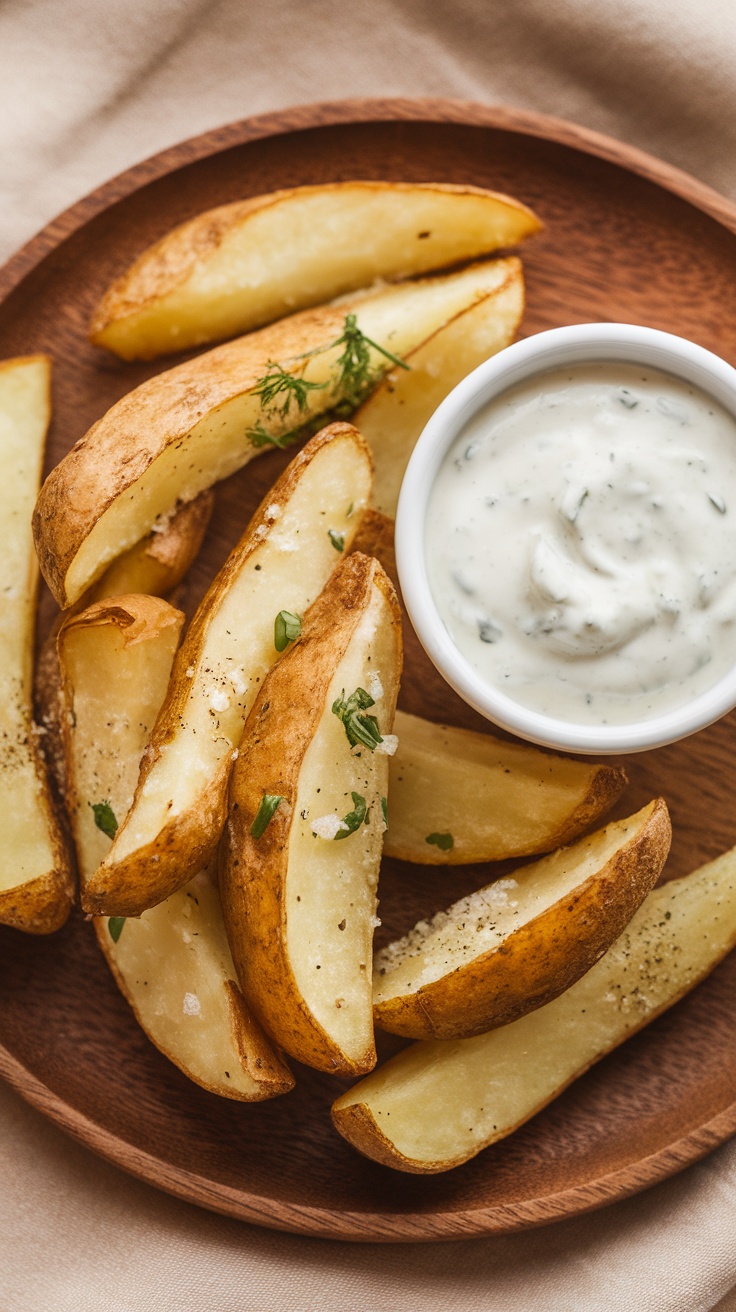 A wooden plate filled with crispy potato wedges and a small bowl of ranch dip, garnished with herbs.