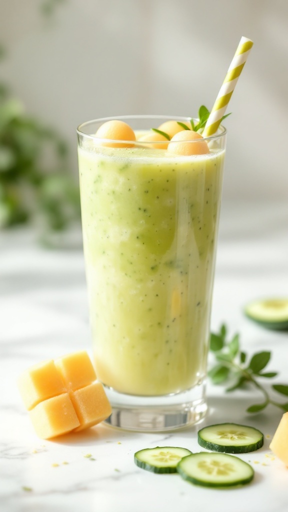 A refreshing cucumber melon smoothie garnished with melon balls and a cucumber slice, served in a glass with a striped straw.