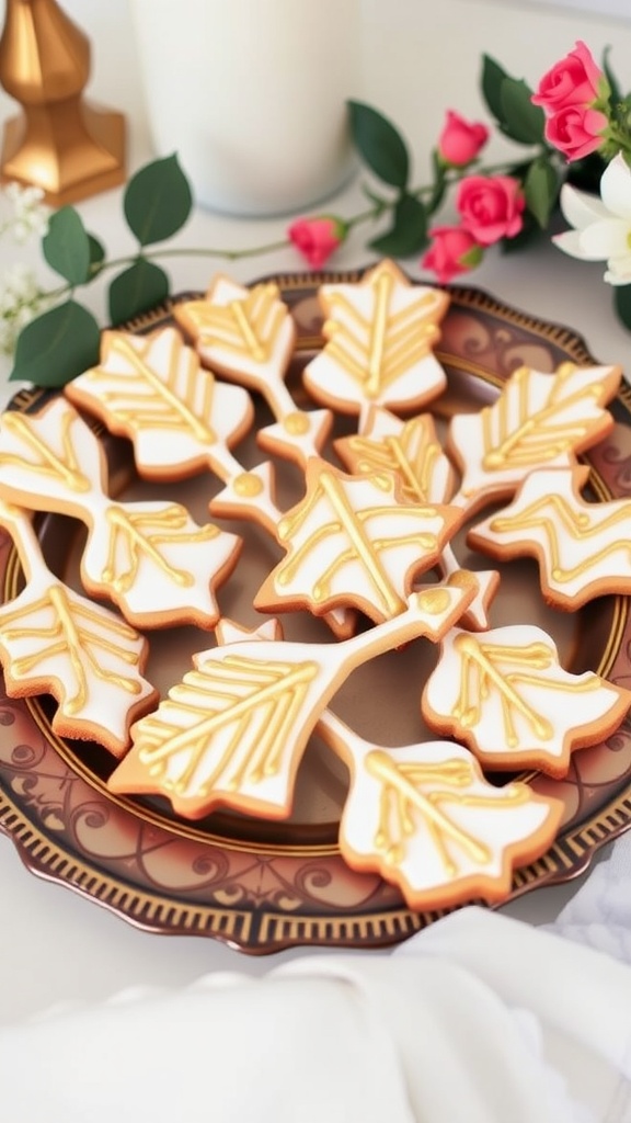 Cupid's arrow shaped cookies with white icing and gold accents on a decorative stand.