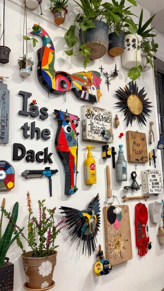 A colorful wall decorated with various custom art pieces made from everyday items, including plants and quirky signs.