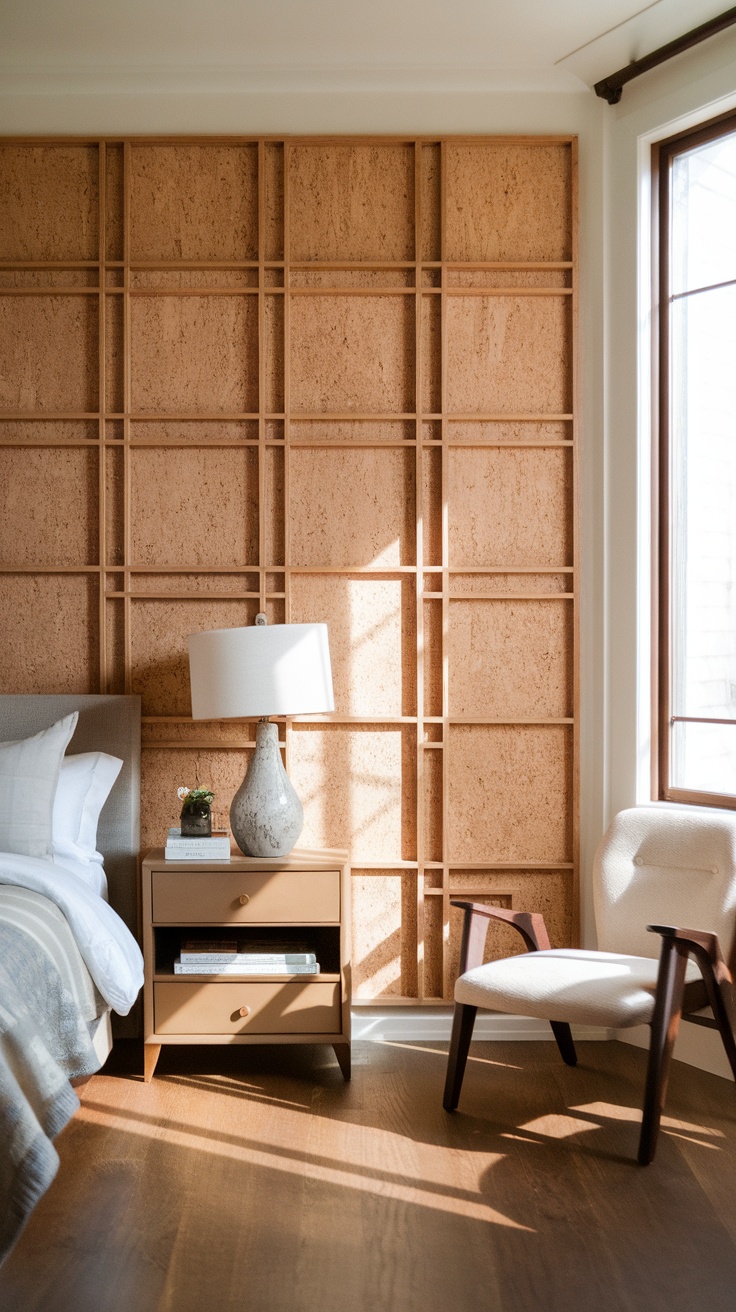 A bedroom featuring customizable cork wall panels, a bedside lamp, and a cozy chair.