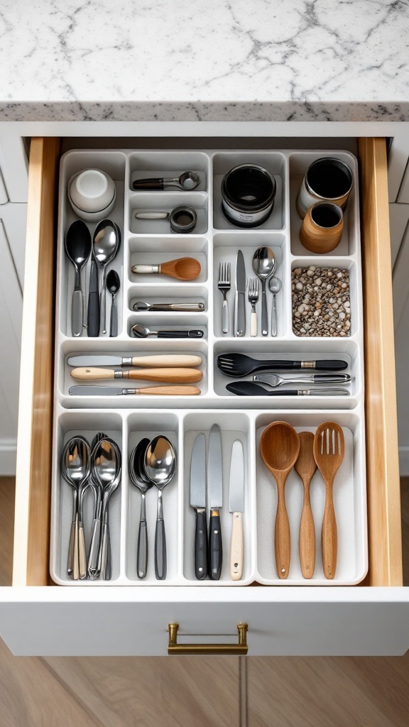A neatly organized kitchen drawer featuring customizable drawer dividers for utensils