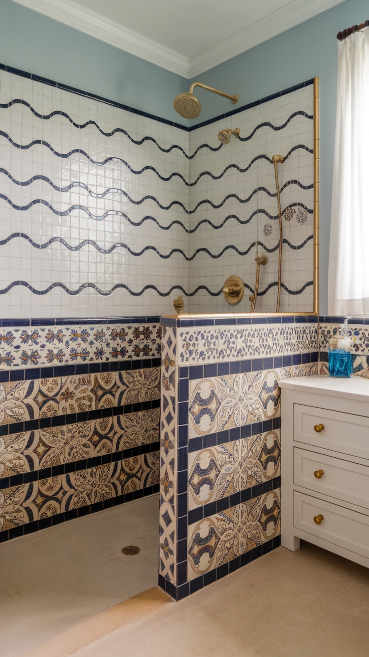 Customized tile patterns in an ensuite shower room with gold fixtures.