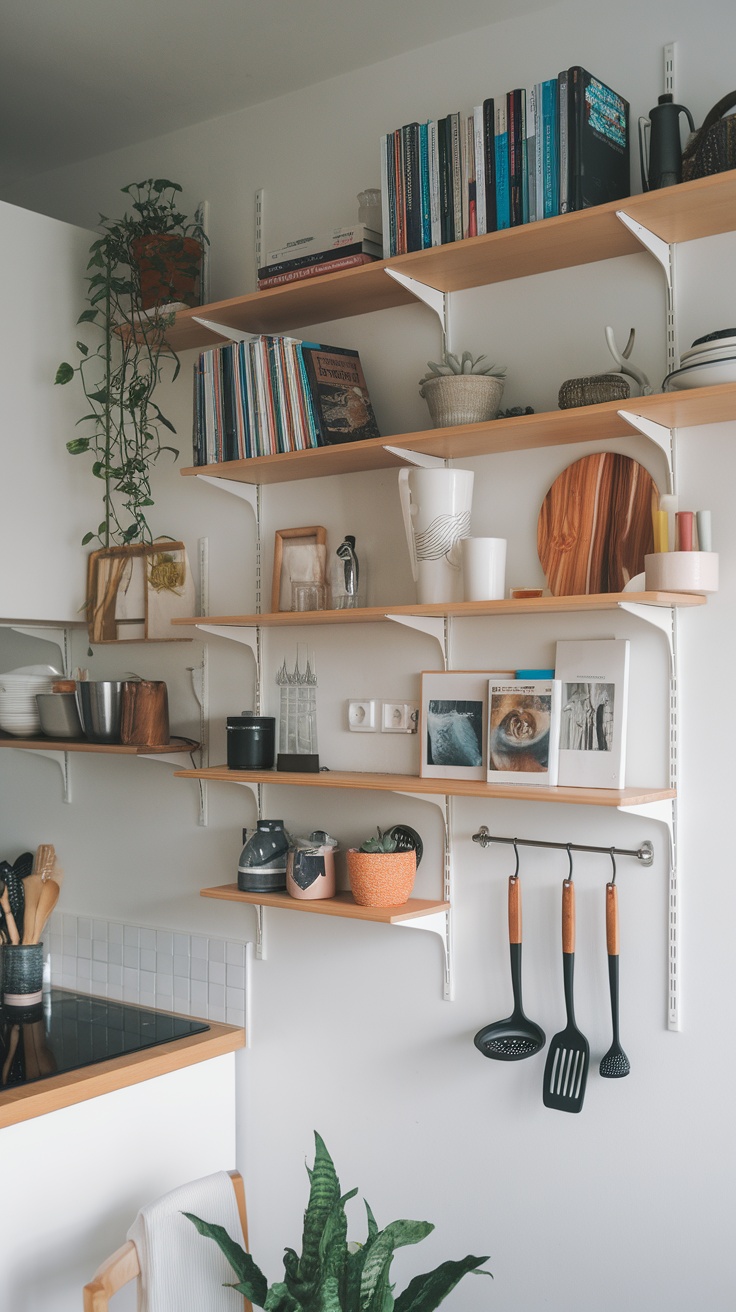A stylish kitchen with floating shelves displaying books, plants, and kitchenware.
