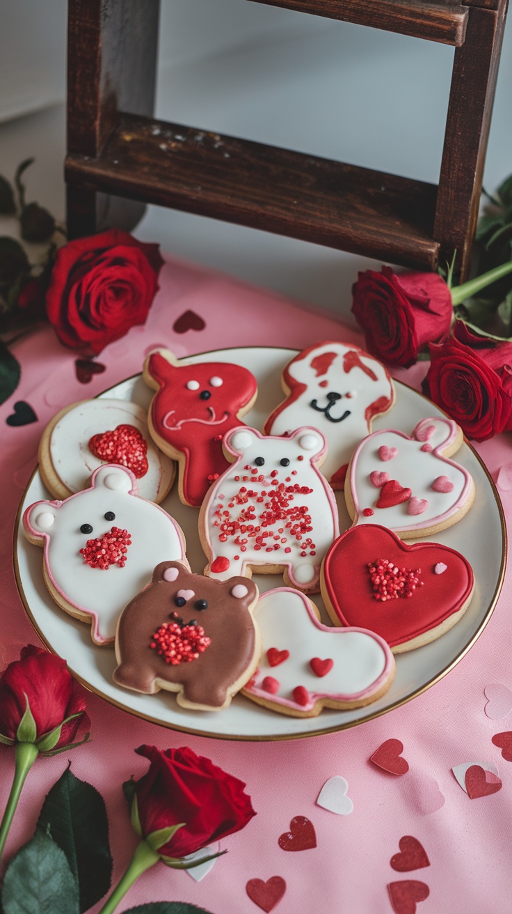 A plate of cute animal-shaped cookies decorated for Valentine's Day, including bears and hearts, surrounded by roses.