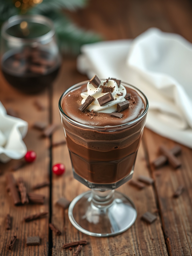 A glass of dark chocolate mousse topped with whipped cream and chocolate shavings.