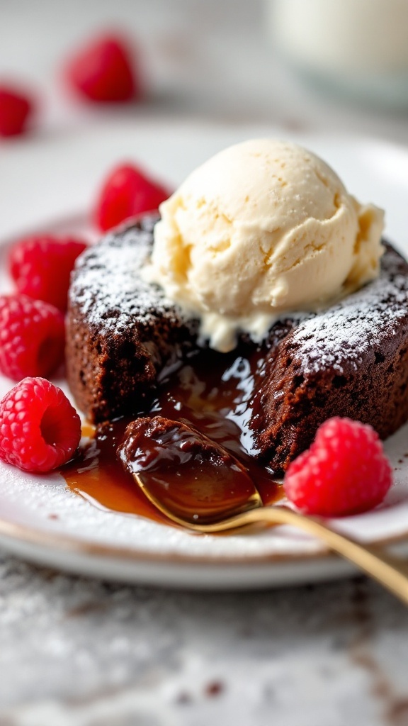 A delicious chocolate lava cake served with vanilla ice cream and raspberries.