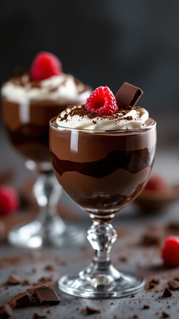 A luxurious dark chocolate mousse topped with whipped cream and raspberries in elegant glass cups