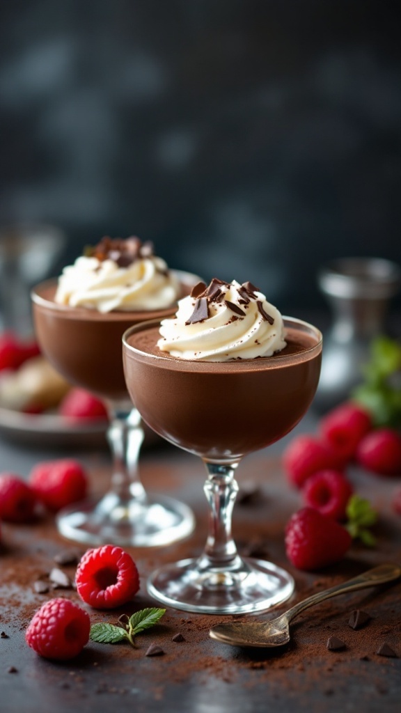 Two elegant cups of dark chocolate mousse topped with whipped cream and chocolate shavings, surrounded by fresh raspberries.