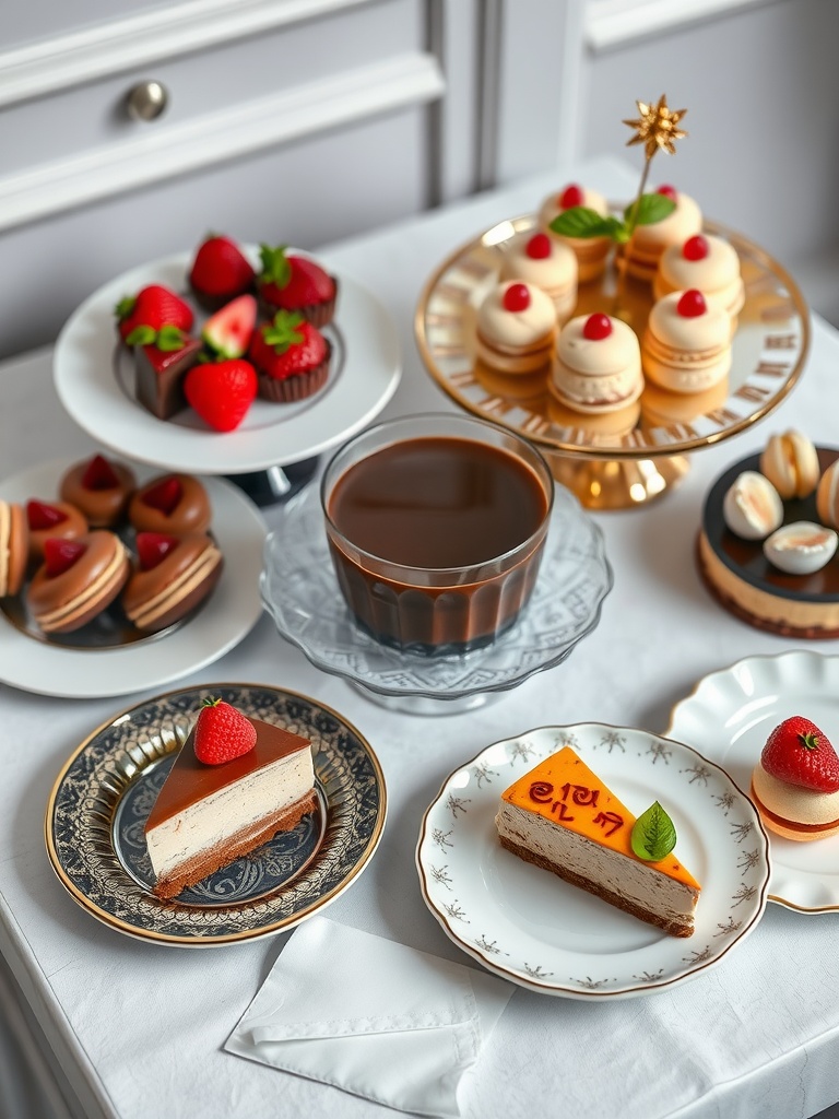 An assortment of desserts including chocolate cakes, fruit tarts, and cheesecakes on elegant plates.