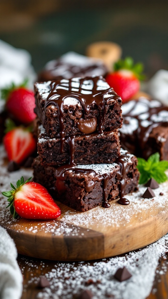 Close-up of double chocolate truffle brownies with strawberries and chocolate drizzle.