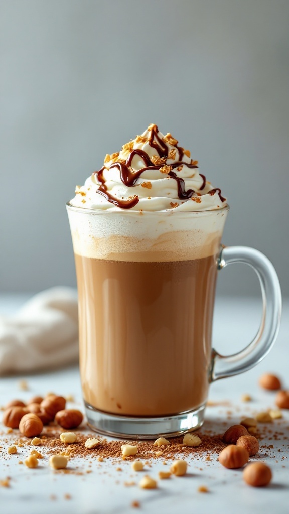 A delicious Nutella latte topped with whipped cream, chocolate drizzle, and crushed nuts, surrounded by hazelnuts.