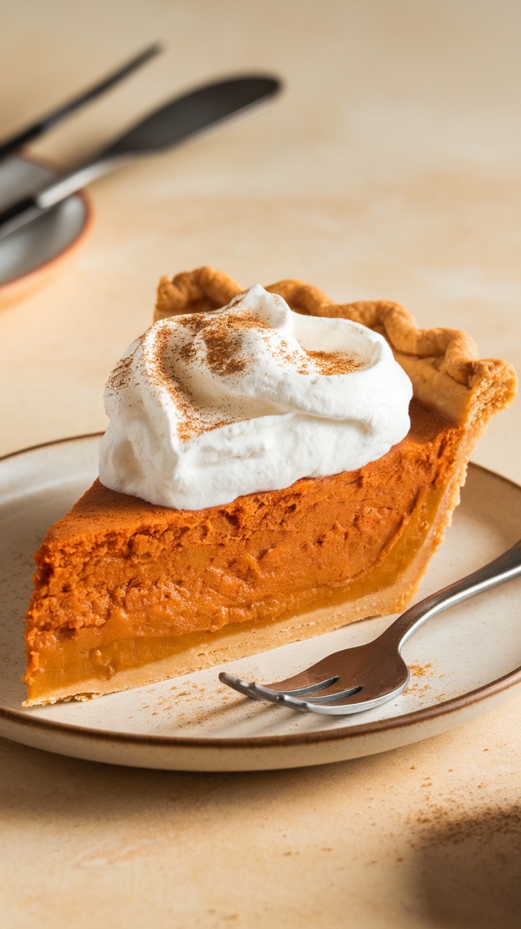 Slice of sweet potato pie topped with whipped cream