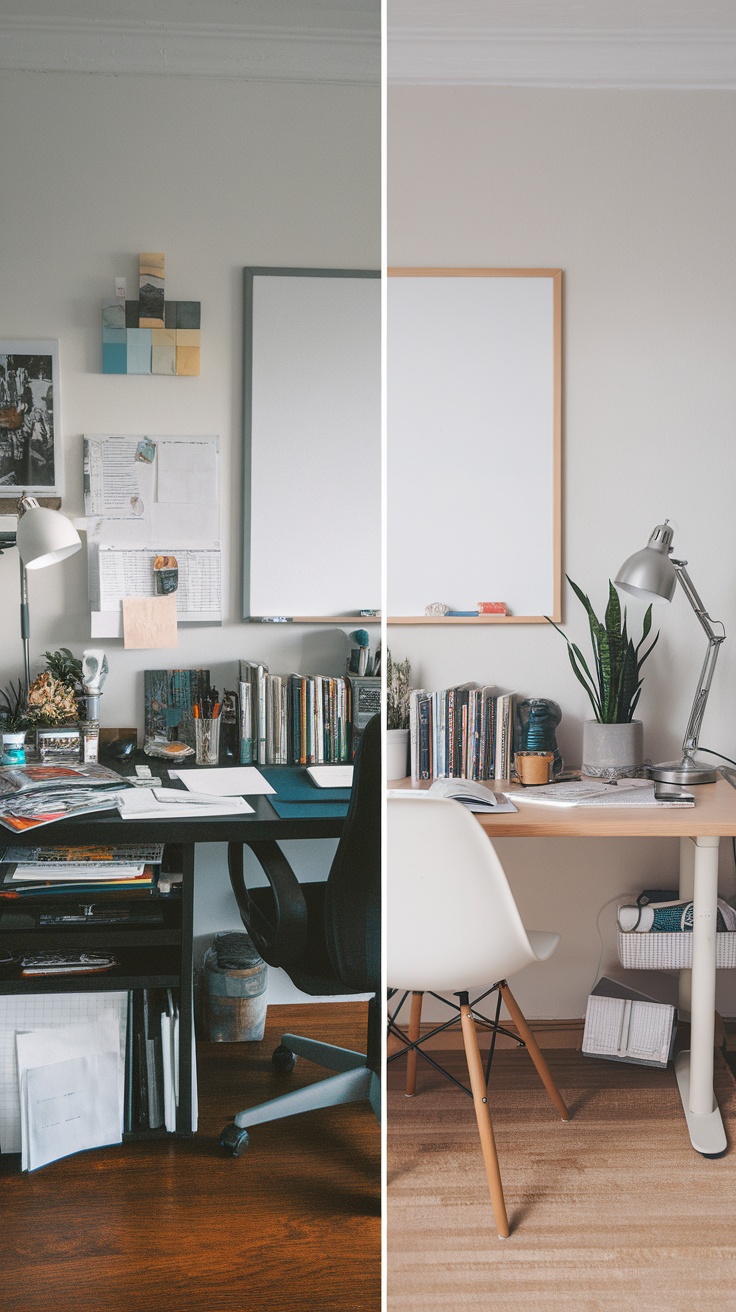 A comparison of a cluttered desk on the left and an organized desk on the right