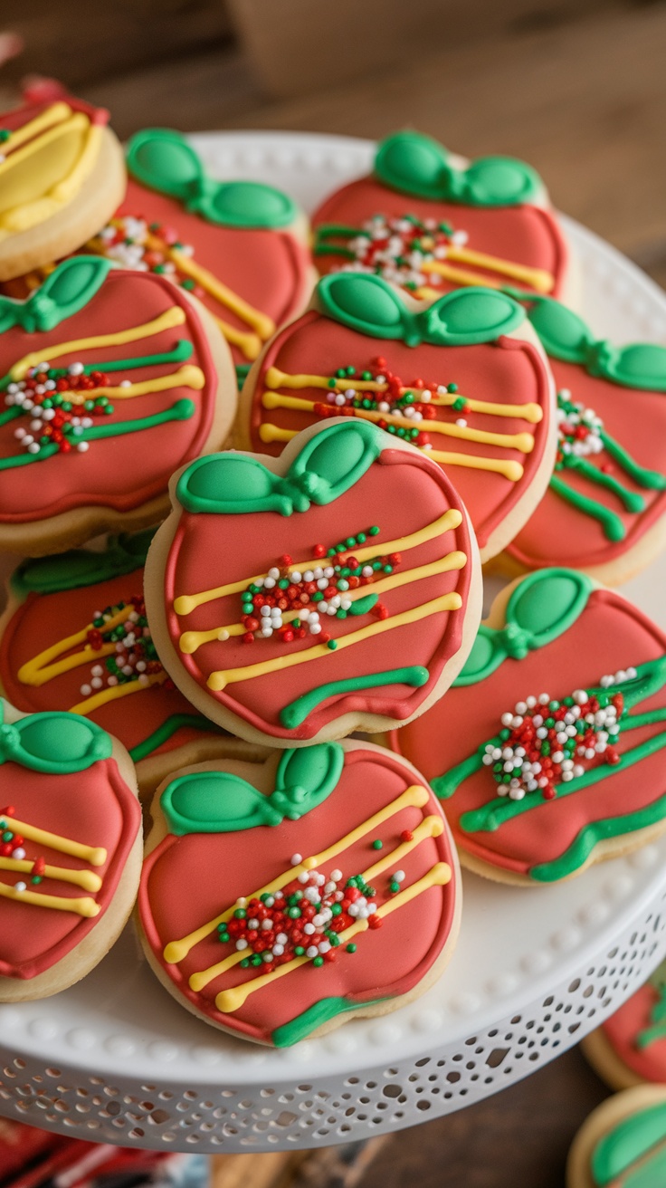 Decorated candy apple cookies with red icing, green leaves, and colorful sprinkles.