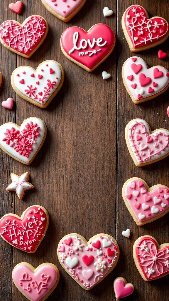 Decorated heart-shaped sugar cookies with royal icing in various designs and colors for Valentine's Day