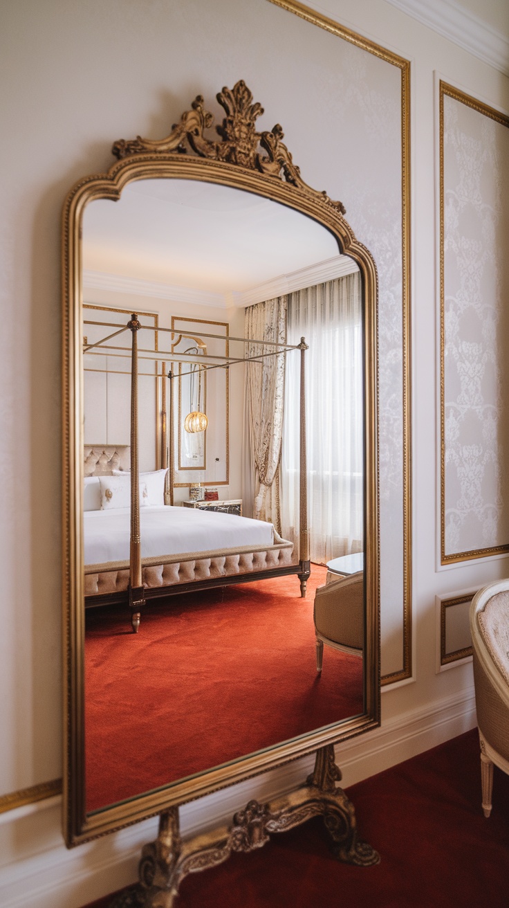 A luxurious bedroom featuring a decorative mirror with an ornate frame reflecting the room's elegant decor.