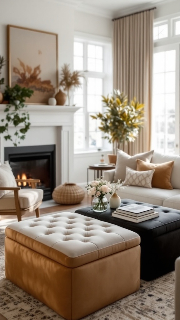 A stylish living room featuring decorative storage ottomans in beige and black, with a cozy ambiance.