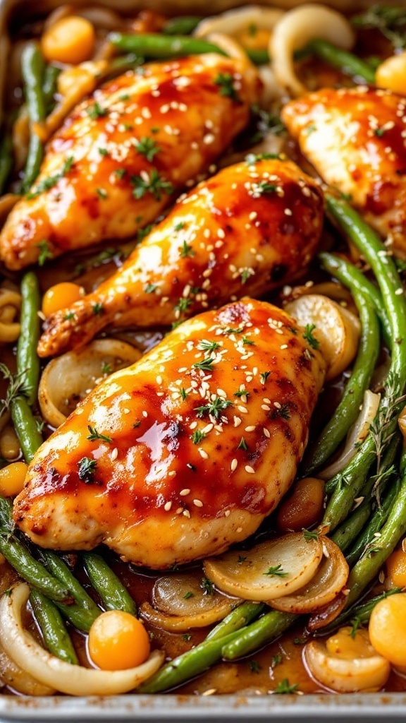 A sheet pan filled with sticky apricot chicken, green beans, and onions, garnished with sesame seeds and herbs.