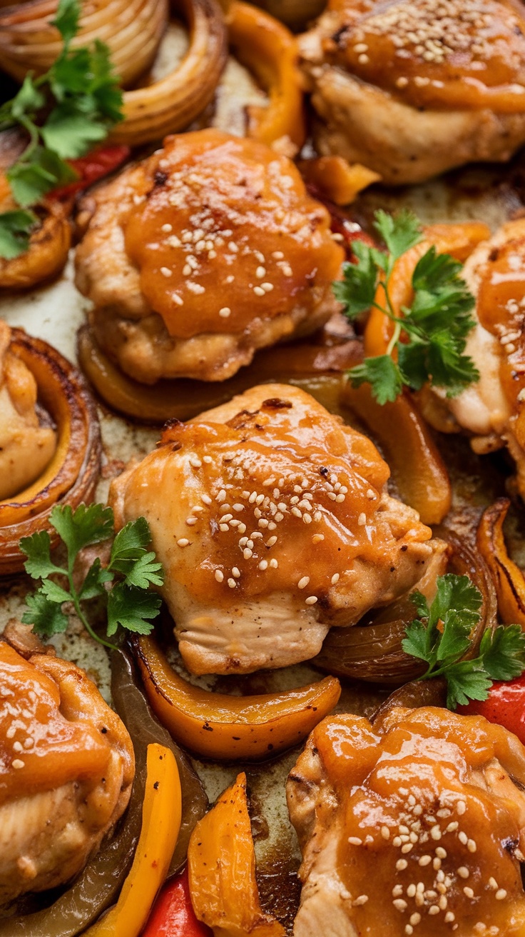 Sheet pan sticky apricot chicken with colorful bell peppers and onions, garnished with sesame seeds and cilantro.