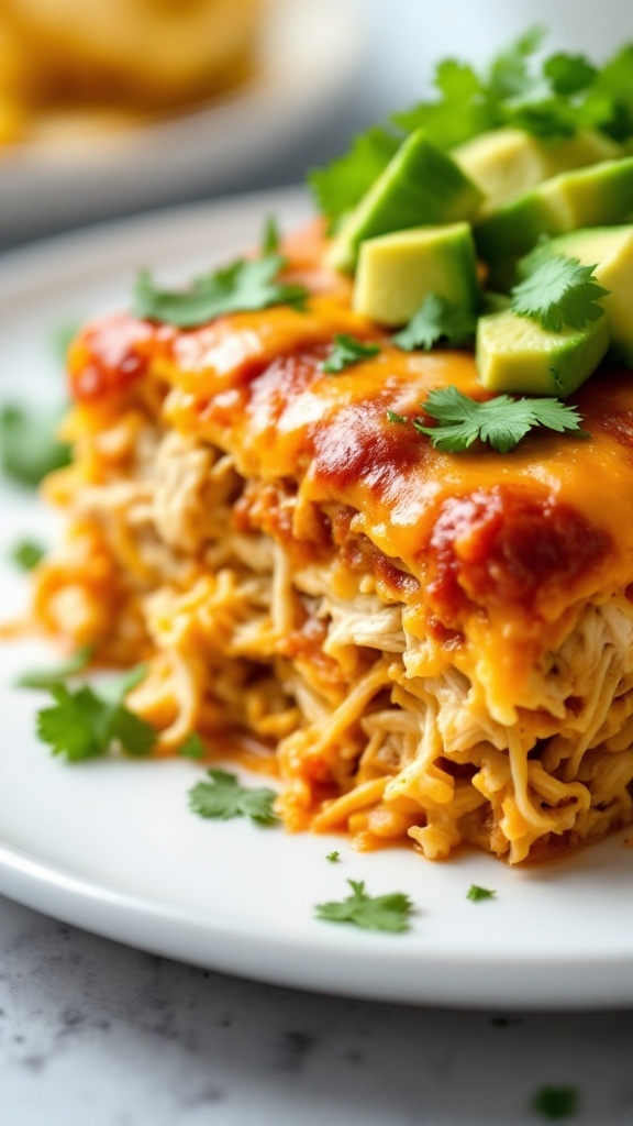 A slice of chicken enchilada casserole garnished with avocado and cilantro.