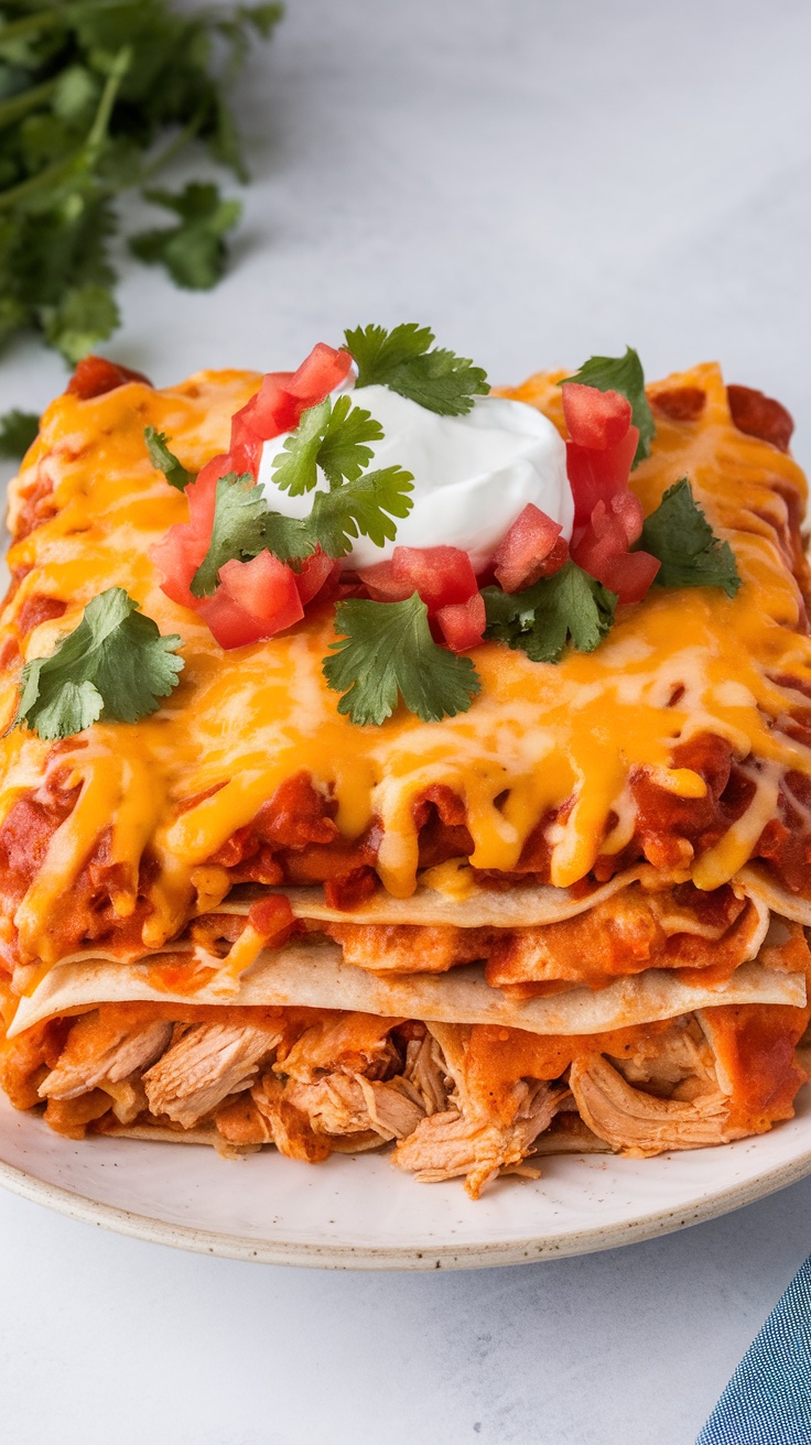 A delicious chicken enchilada casserole topped with cheese, tomatoes, and cilantro