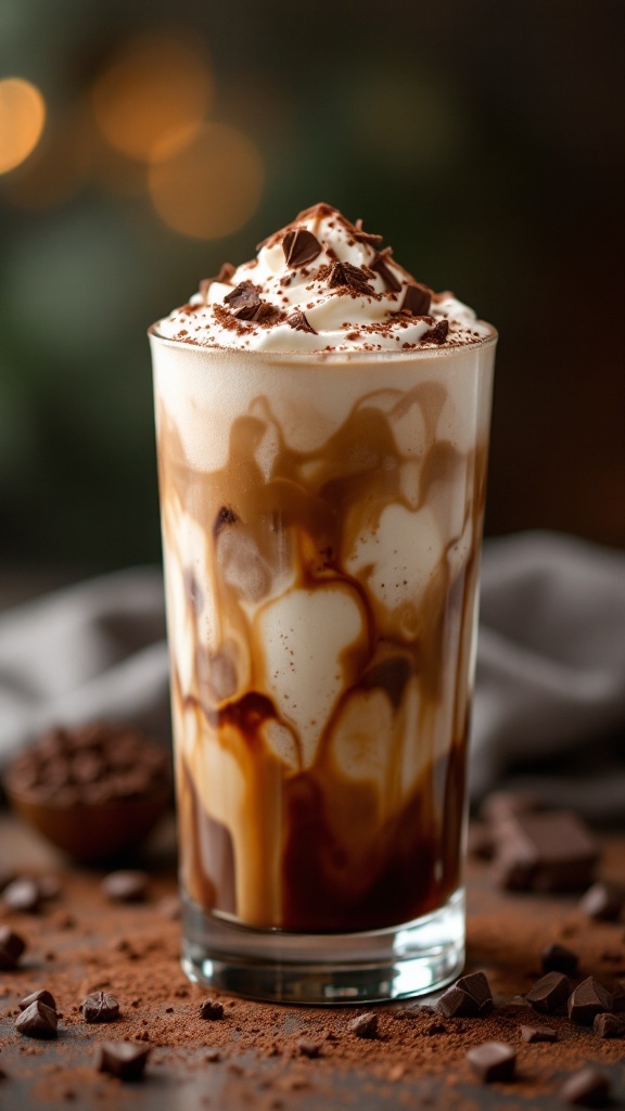 A glass of chocolate cold foam topped with whipped cream and chocolate shavings