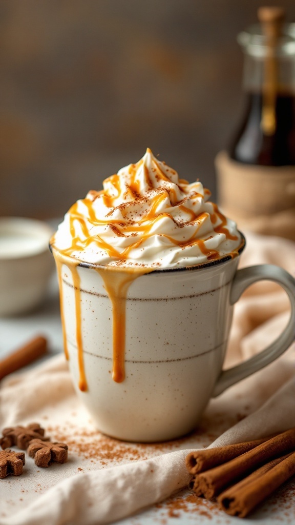 A Cinnamon Roll Latte topped with whipped cream and caramel drizzle, surrounded by cinnamon sticks and coffee beans.