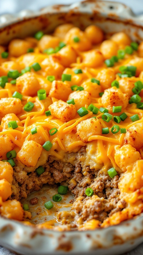 A delicious Cowboy Casserole with tater tots and green onions on top.