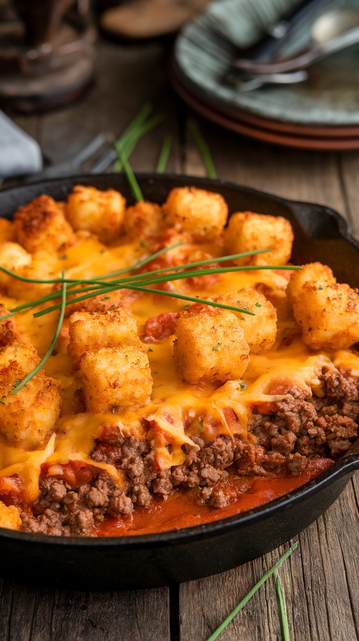 A hearty cowboy casserole topped with tater tots and cheese in a cast iron skillet, surrounded by rustic table settings.