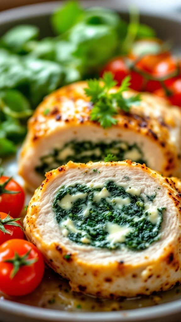 Stuffed spinach and cheese chicken breast garnished with cherry tomatoes and greens