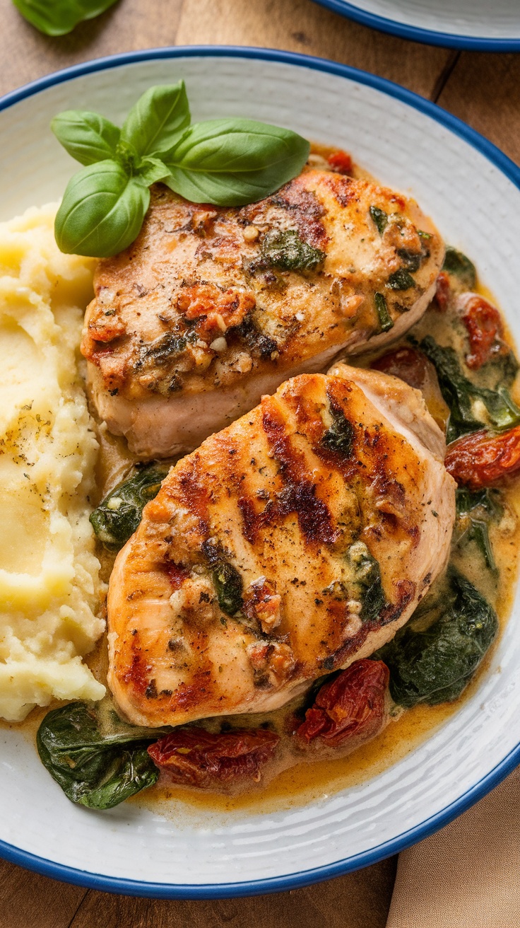 Plate of Tuscan Butter Chicken with mashed potatoes and basil