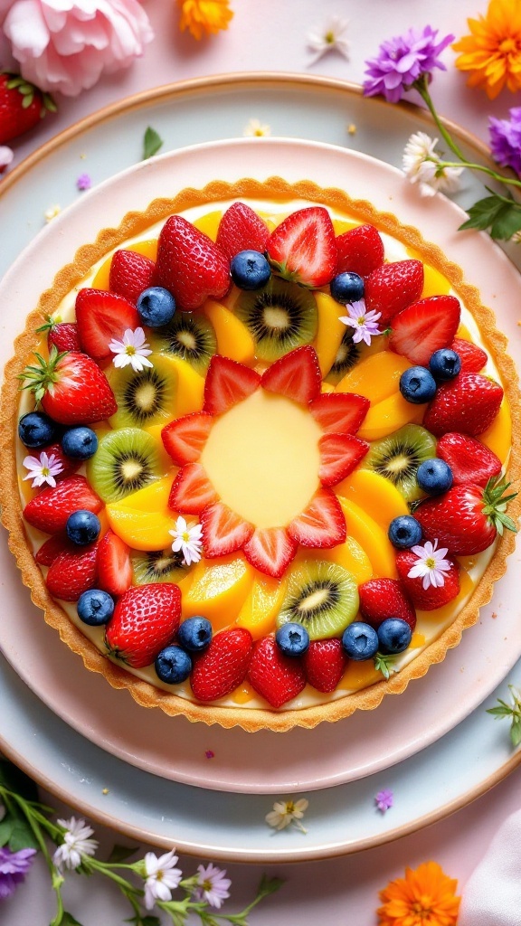 A beautifully arranged seasonal fruit tart topped with strawberries, blueberries, and kiwi.