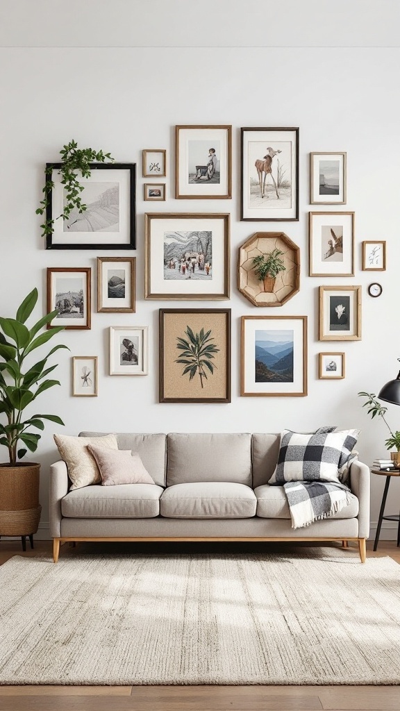 A stylish gallery wall featuring various framed pieces and a cozy couch.
