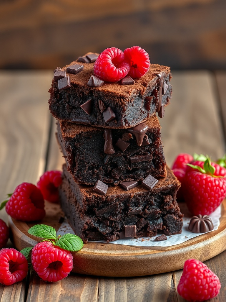 Three stacked double chocolate truffle brownies with raspberries on a wooden table.