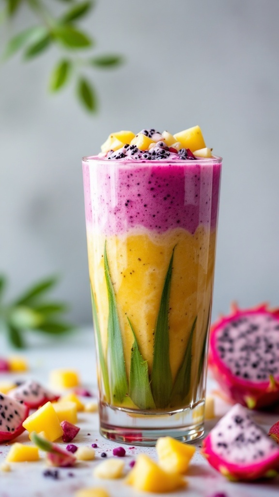A colorful smoothie made with dragon fruit and pineapple, topped with fresh fruits and chia seeds.