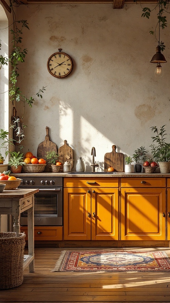 A cozy kitchen with earthy umber shades, featuring rich wooden cabinets, fresh produce, and natural light.