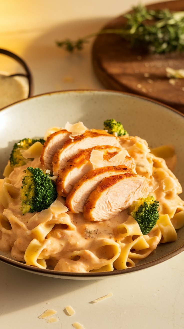 A bowl of Easy Chicken Alfredo with broccoli, featuring fettuccine pasta, sliced grilled chicken, and a creamy sauce.