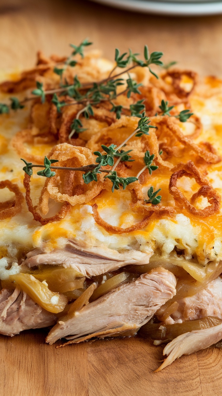 A close-up of Easy French Onion Chicken Casserole topped with crispy onion rings and fresh thyme.