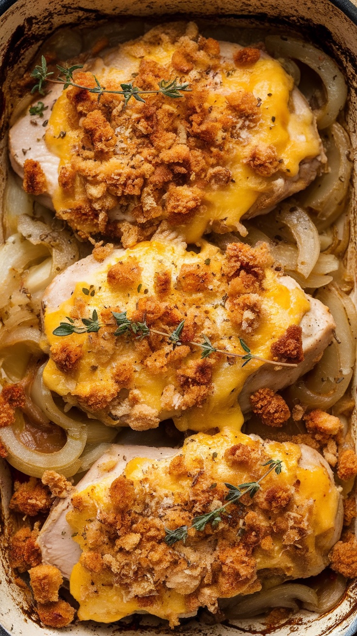 A delicious French onion chicken casserole topped with crispy onions and cheese, baked to perfection.