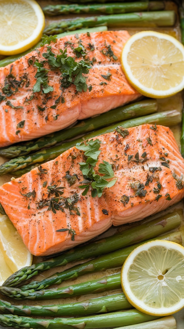 Delicious lemon herb salmon with asparagus.