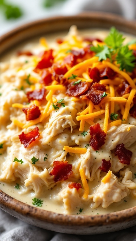 Bowl of Easy Slow Cooker Crack Chicken topped with bacon and cheese