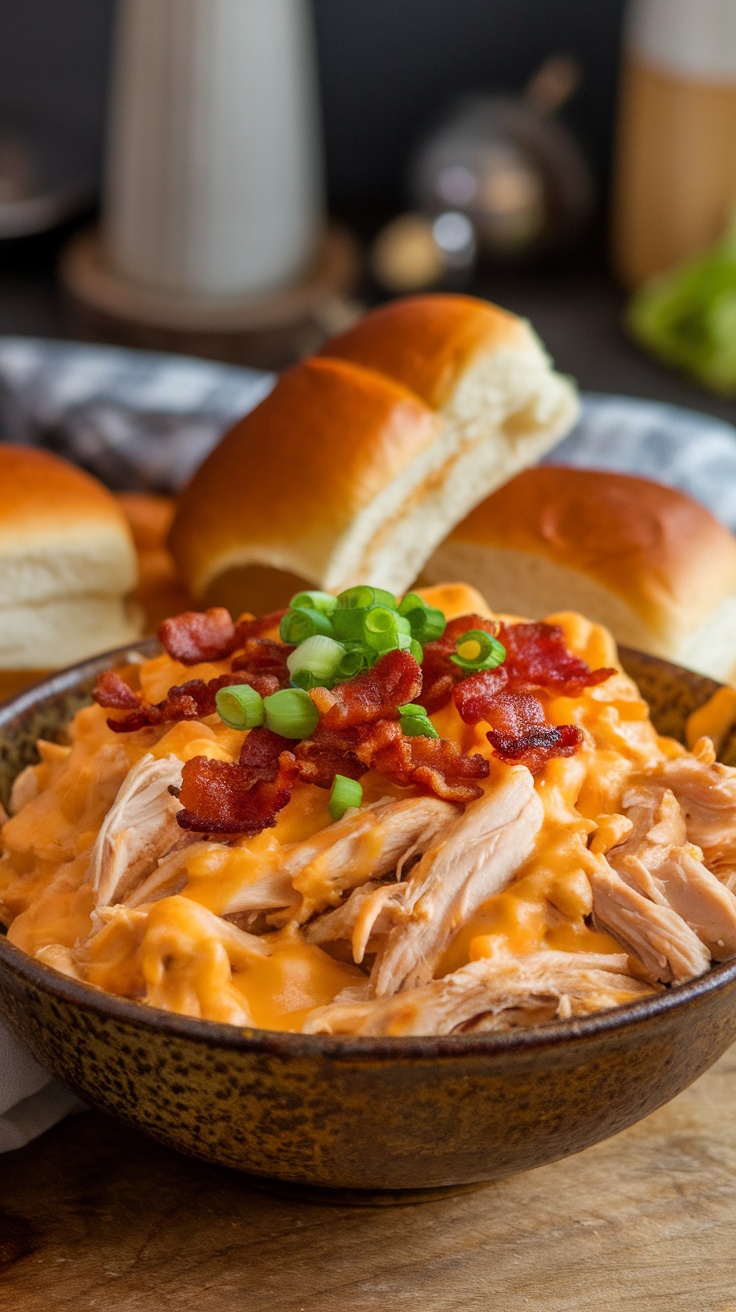 Bowl of creamy shredded chicken topped with green onions and bacon, with soft buns in the background.