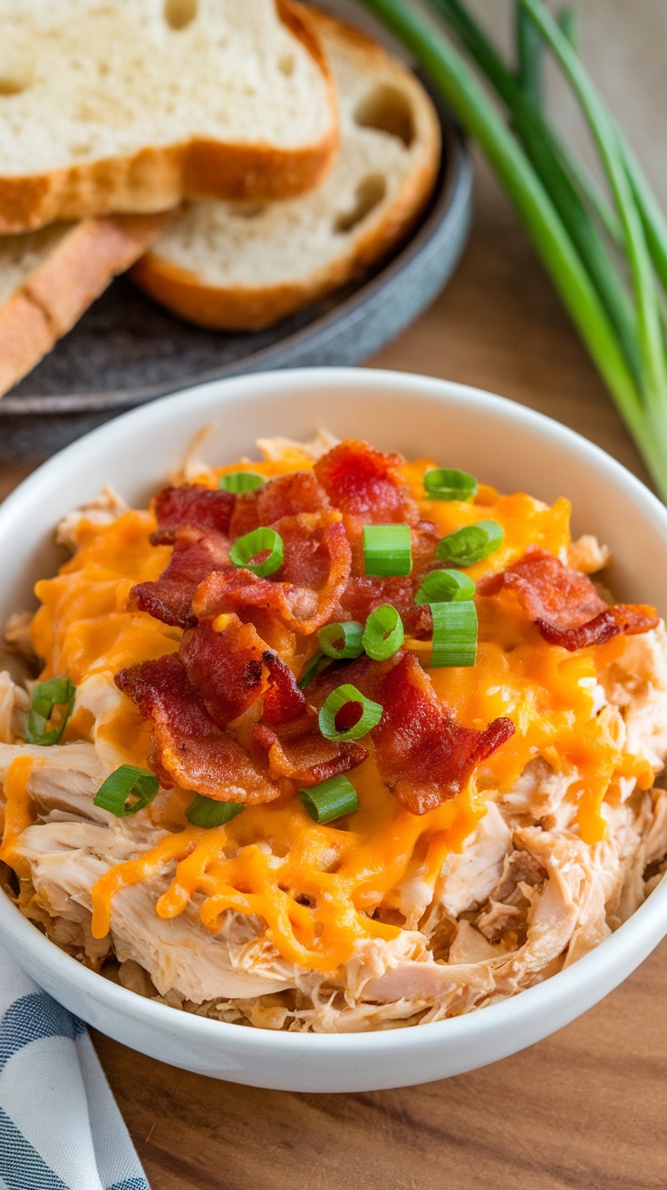 A bowl of slow cooker crack chicken topped with cheese, bacon, and green onions, with slices of bread in the background.